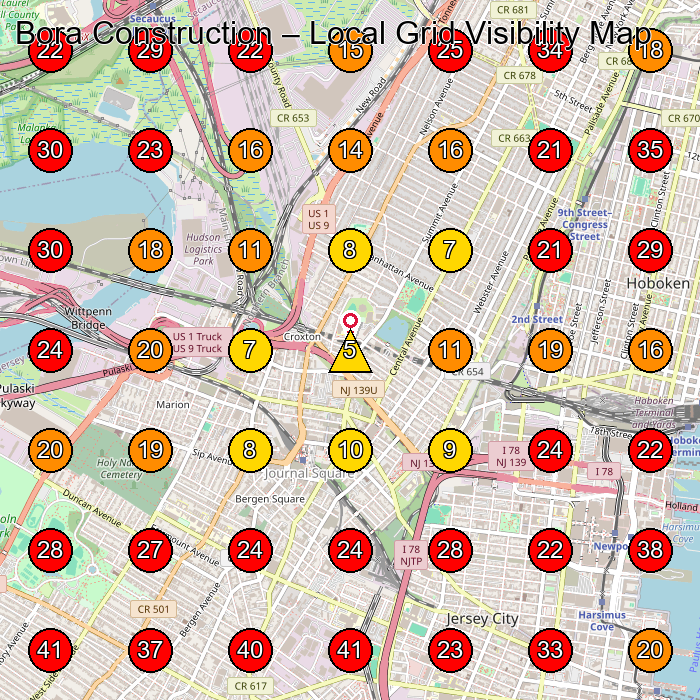 Bora Construction GeoGrid visibility map for Roofing Contractor in Jersey City